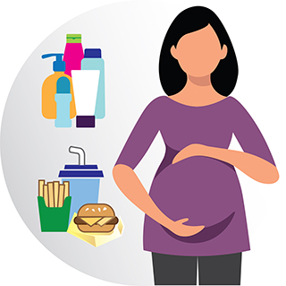 Pregnant female with beauty product and packaged fast food